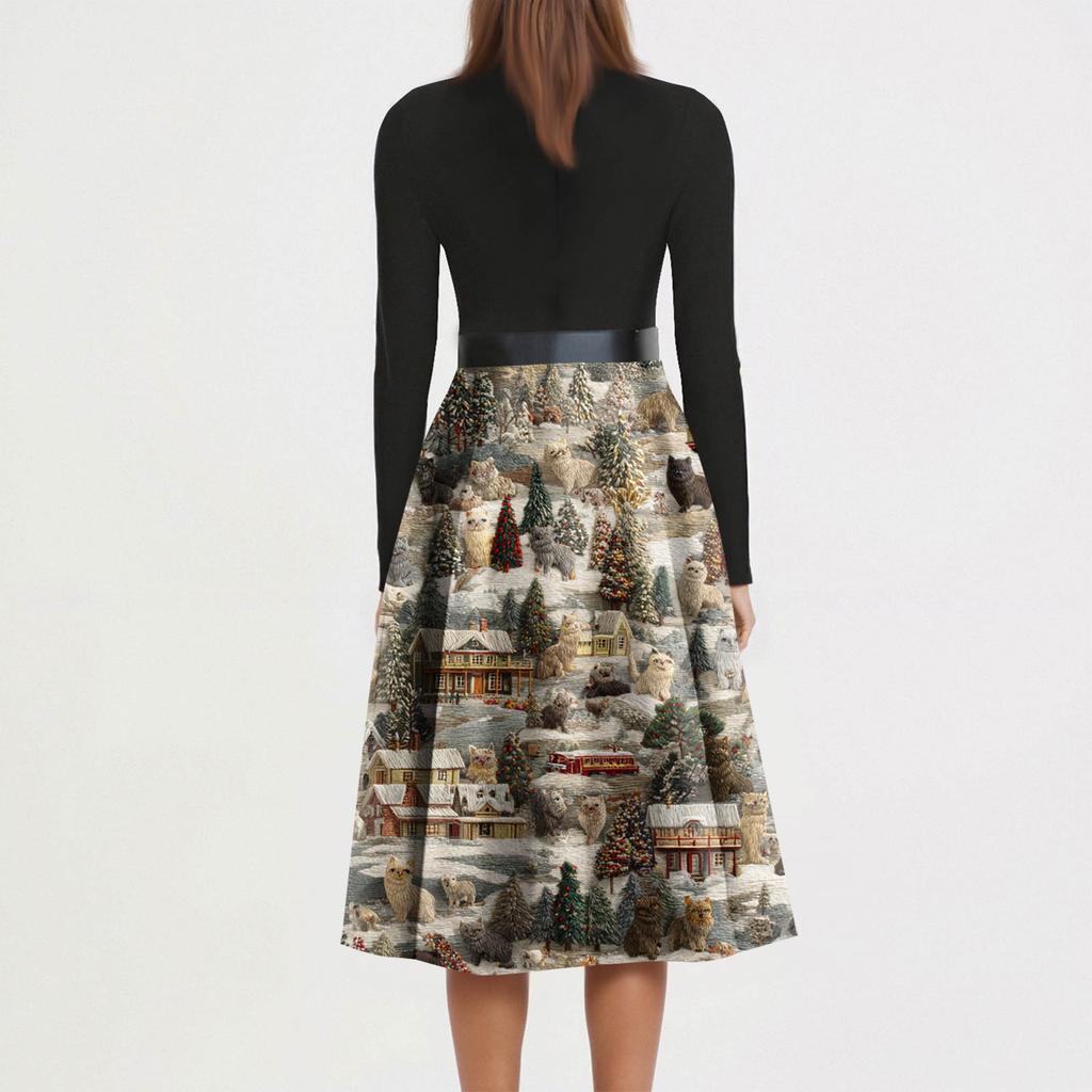 Women's Fashion Round Neck Casual Slim Christmas Printed Long Sleeve Dresses