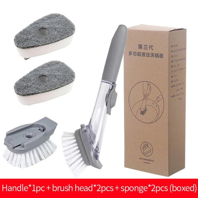 2 In 1 Kitchen Cleaning Brush Long Handle Pot Dish Sponge Dishwashing Scrubber Liquid Soap Dispenser Removable Cleaner Wash Wipe