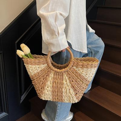 Contrast Color Woven Straw Bag 2025 New Large-capacity Portable Vegetable Basket Casual Hand Carry Holiday Beach Bag