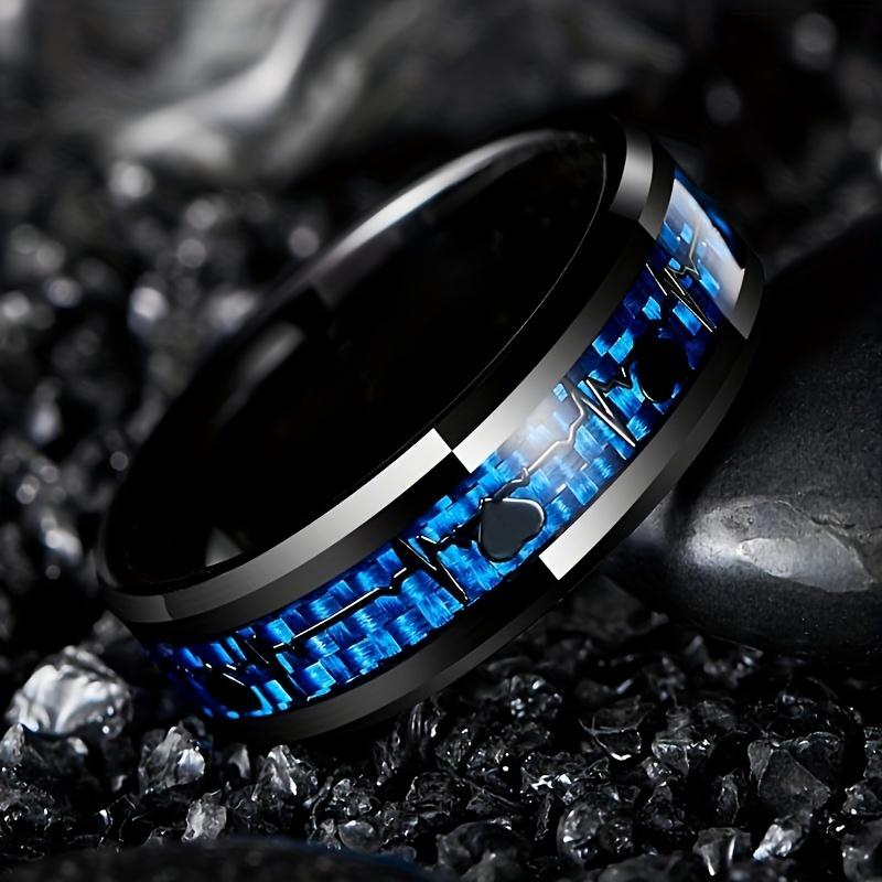 Fashion Heartbeat Stainless Steel Rings for Men With Blue Carbon Fiber Inlay Ring Wedding Jewelry Christmas Gift Accessories