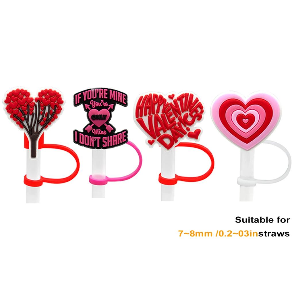 Leeseph 4pcs Straw Cover Red Pink Theme Cute Silicone Straws Tips Cover Reusable for 7-8mm/0.2-0.3in Diameter Straws Summer Gift