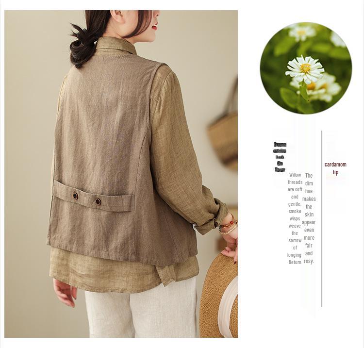 Women's 2026 Spring Retro Distressed V-Neck Button Vest, Short Artistic Cotton Linen Waistcoat, Solid Color Outerwear.