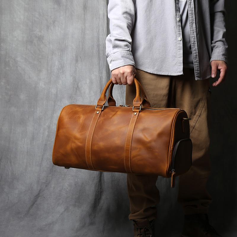 NZPJ Vintage Genuine Leather Men's Travel Bag Original Natural Cowhide Handbag Crazy Horse Leather Crossbody Bag Computer Bag