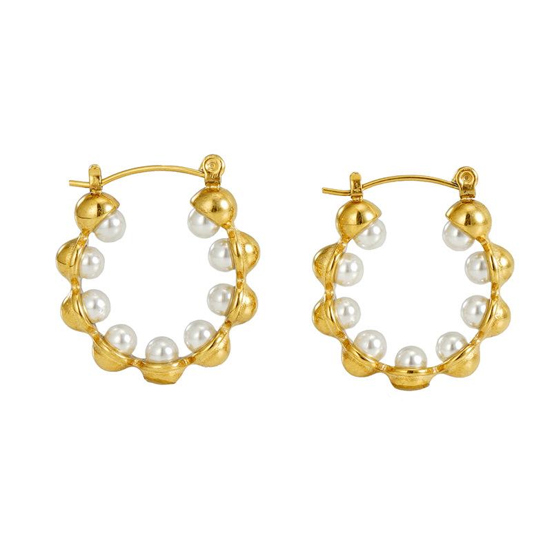 New 18k stainless steel gold earrings, ring pearl temperament trendy round buckle earrings.