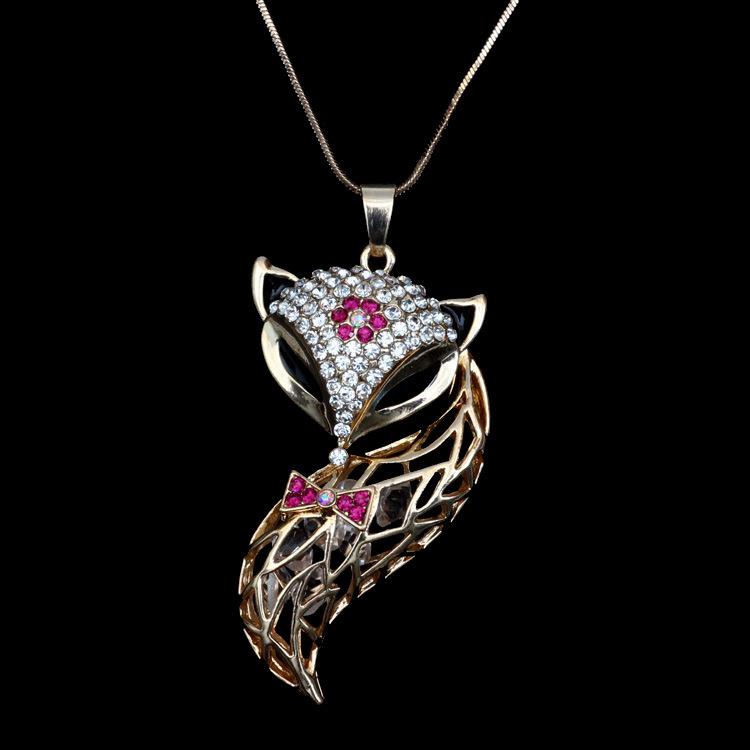 Fox Sweater Chain Long Necklace: Korean Style, Simple Hollow Design with Diamond Inlays - Women's Fashion Accessory.
