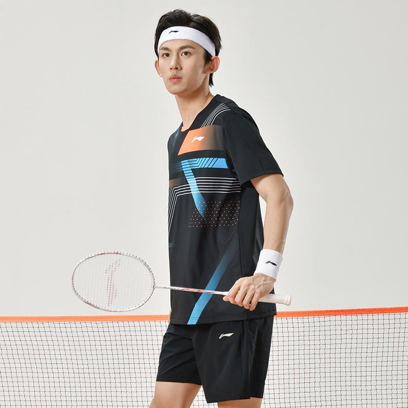 Li Ning Badminton Series Striped Geometric Pattern Crew Neck Straight Cut Short Sleeve T-Shirt Men Tops Black AAYU137-1
