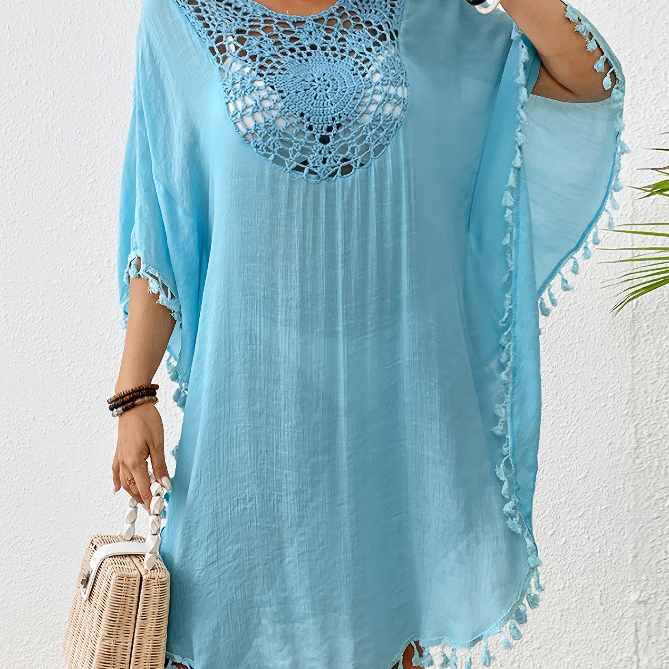 

Женское пляжное накидка в богемном оранжевом цвете с кисточками, ткань с текстурой бамбука и деталями ручной работы, сексуальный чехол для купальника бикини свободного покроя One Size светло-синий