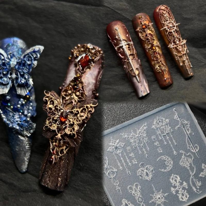 1 Pcs European Retro Style 3D Relief Silicone Mold,Transparent Flowers Bow Tie Nail Art Silicone Carving Mold Mould Template