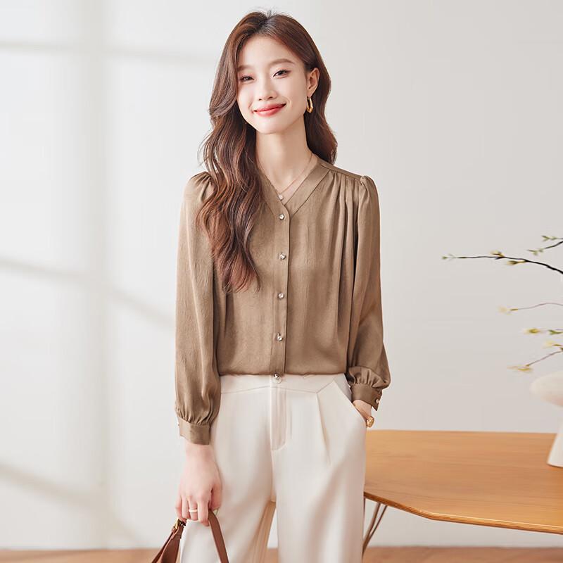 Women's Professional Gold Button V-Neck Chiffon Blouse
