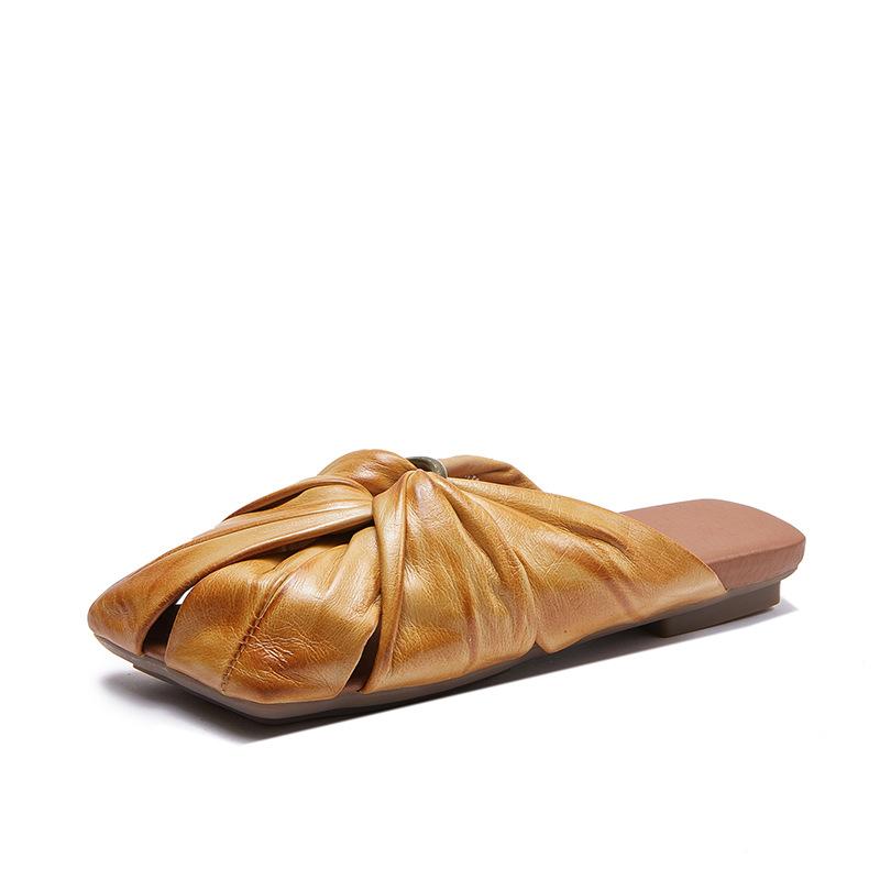 Square-toed Hollowed-out Pleated Shoes Semi-flip-flops with Metal Buckles and Toe Caps Women's Summer Flip-flops