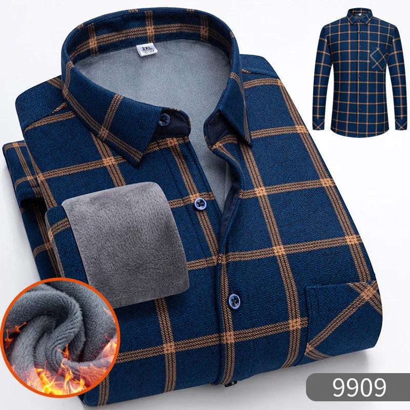 New 2026 Men's Warm Long Sleeve Plaid Design Shirt Autumn Winter Fleece and Thick Warm Men's Casual Shirts Large Size Shirt 5XL