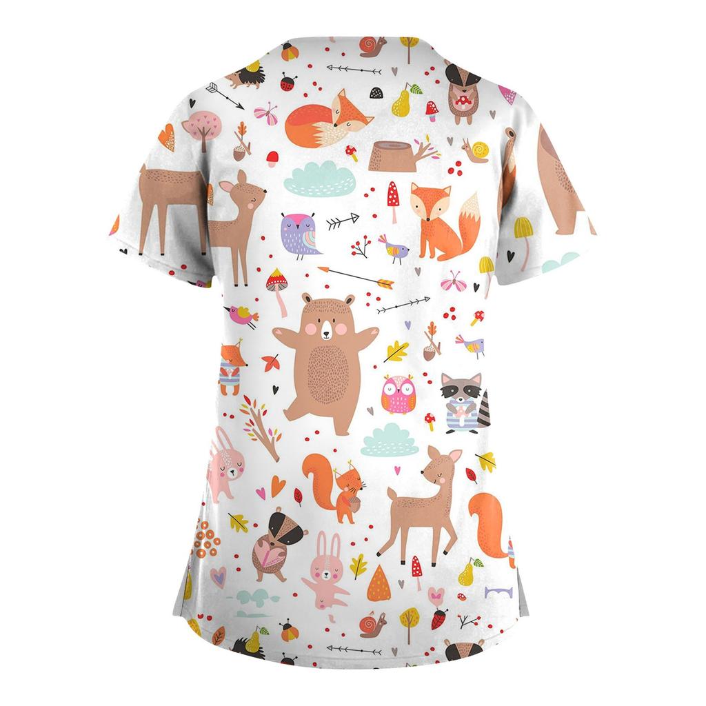 Roztomilé pracovní uniformy s potiskem plus size pro ženy Trička s překříženým výstřihem do V Krátký rukáv Zábavná trička Pracovní oblečení Tričko s kapsami