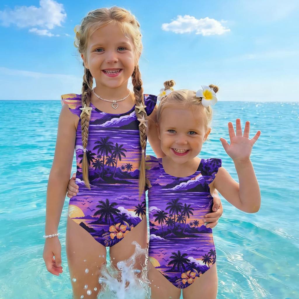 Girls One Piece Swimsuit Hawaiian Print Sleeveless Ruffle Shoulder Swimwear Kids Beachwear Bathing Suit for Summer Pool Water Activities