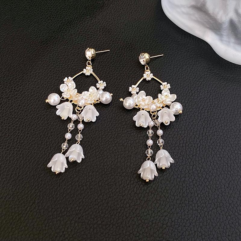

Серьги-подвески «Ландыш» с инкрустацией стразами и жемчугом для женщин, легкая роскошь, темпераментный циркон, подарок белый