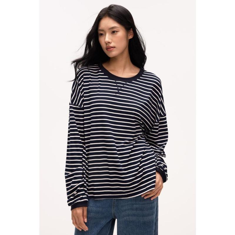 Women S Loose Fit Striped Long Sleeve Round Neck T Shirt Inner Wear