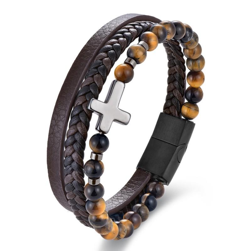 Mens Leather Braided Cross Bracelet With Natural Tiger Eye Stone Stainless Steel Adjustable 21 cm black