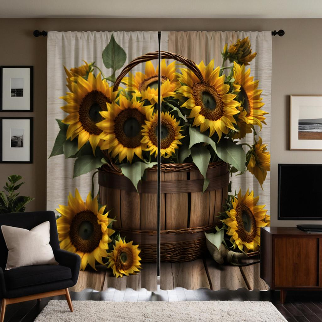 2 Pieces of HD Basket with Sunflower Flowers Decorative Curtain Yellow Digital Printed Curtain Home Decoration Style Decoration