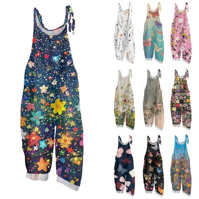Dames Jumpsuit Met Vlinderprint, Casual Los En Retro Schouderbandjes, Katoen En Linnen