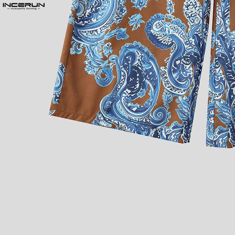 INCERUN Mens Vintage Paisley Print Wide Leg Trousers Casual Loose Straight Pants Bohemian Streetwear High Waist Bottoms