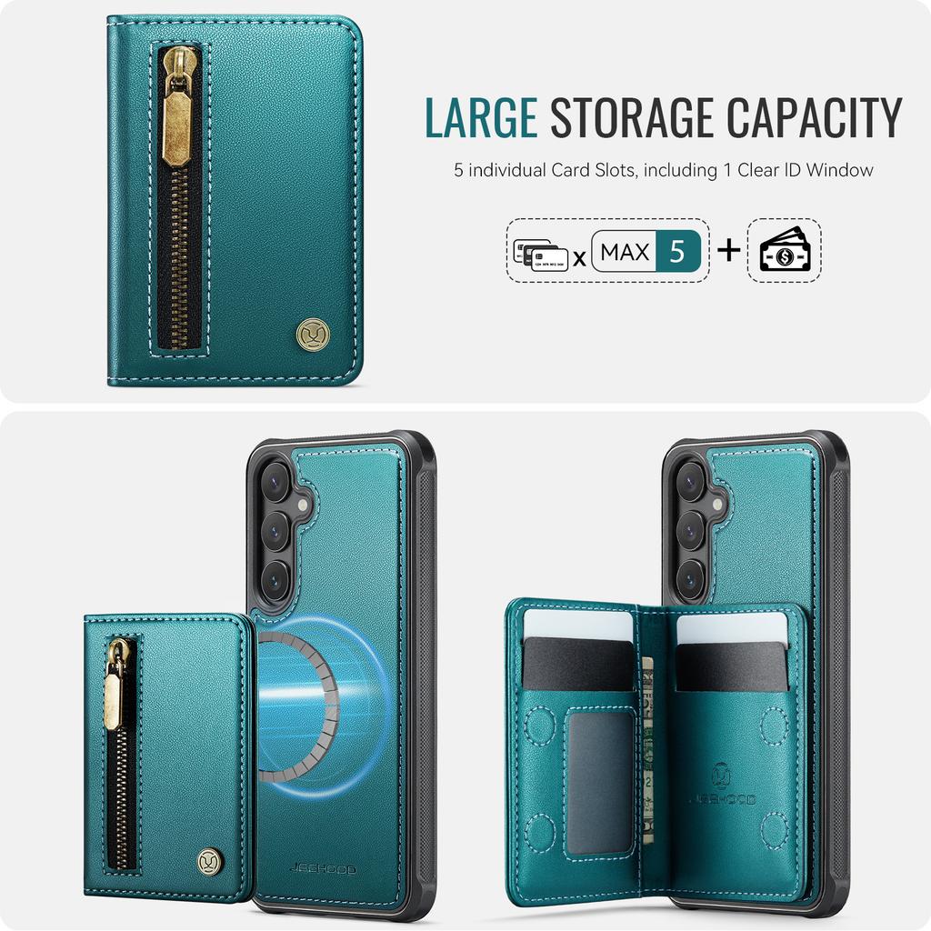 For Samsung Galaxy S24 Case JEEHOOD J12 Magnetic Detachable Zipper Wallet Kickstand Leather Back Cover Magnetic Case