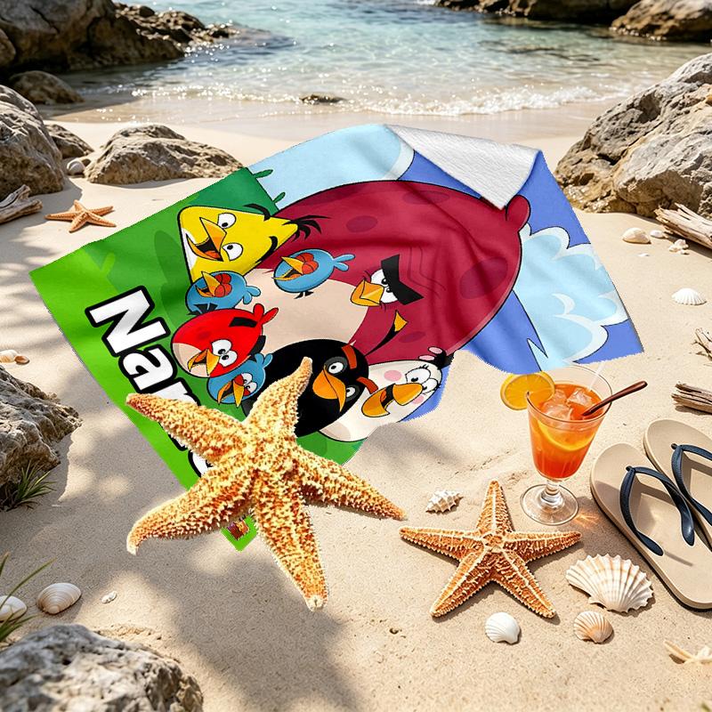Custom Name Personalized Angry Birds Print Beach Towel, for Trip Camping Beach Party Home Decor, Birthday Gift for Family & Friends