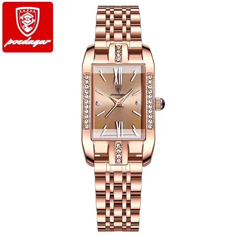 POEDAGAR Women Watch Fashion Luxury Diamond Green Dial Square Quartz Watches Stainless Steel Waterproof Ladies Wristwatch Gift