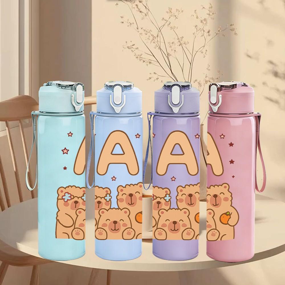 1PC Letter A Bear Couple Print 750ml Color Plastic Sports Water Bottle Leakproof Flip Straw Lid Suitable for Sports Office Home Use