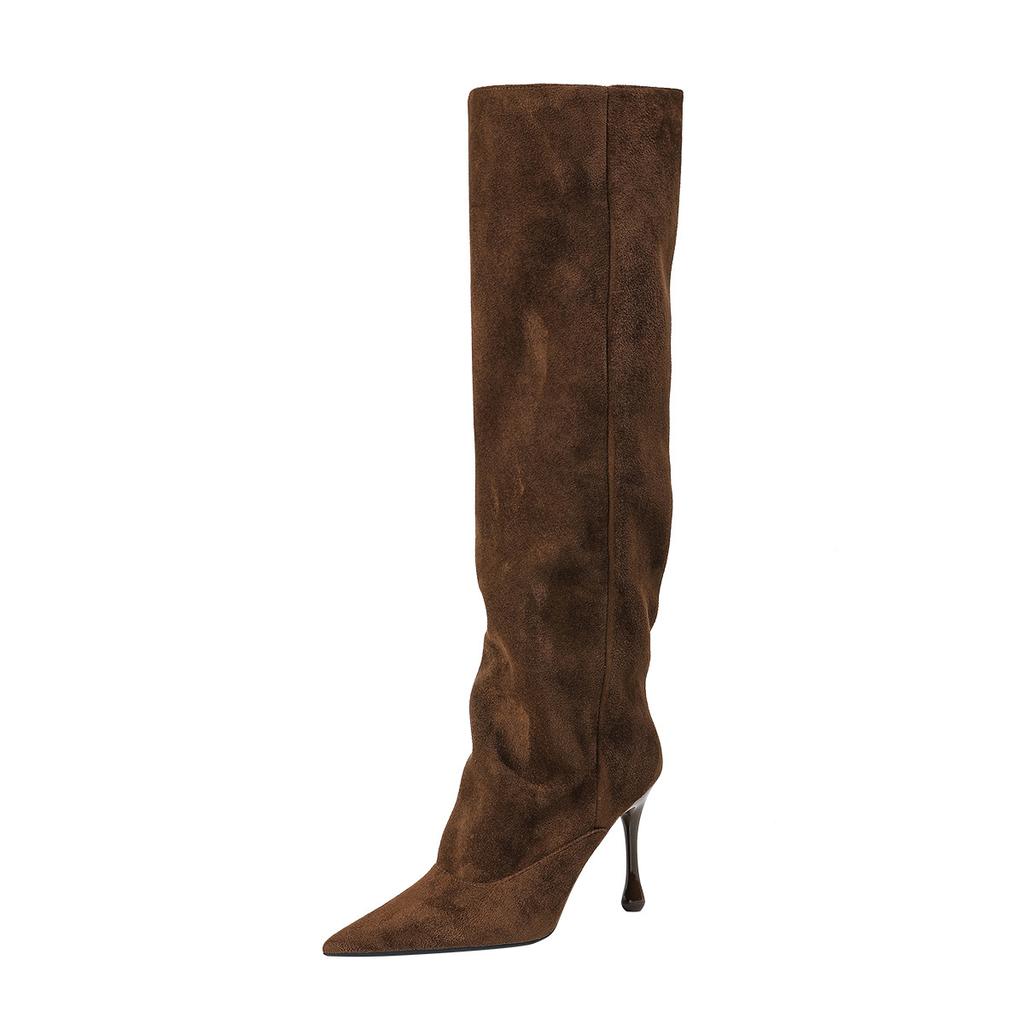 3773-5 High Heel Pointed Versatile Pile Boots Long Women's Shoes 2025 Autumn and Winter New Cloth Skinny Knight Boots