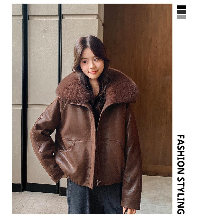 Women's Autumn Winter PU Leather Jacket, Quilted Lining Thickened Warm Cold-proof Detachable Big Faux Fur Collar Leather Coat