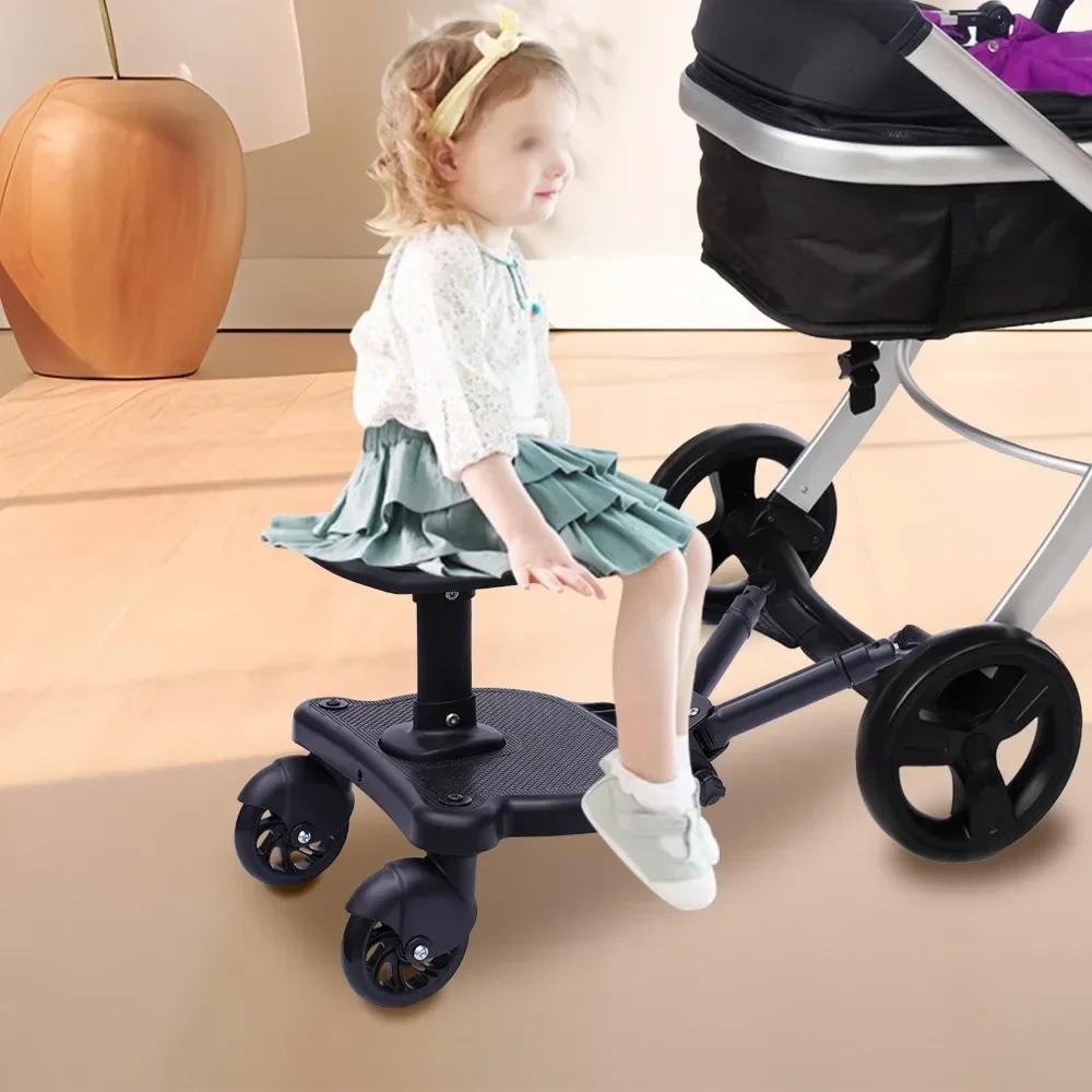 Black Baby Stroller Auxiliary Pedal Adjustable Length and Height with Detachable Seats and Wheels for 3-7 Years Old Children