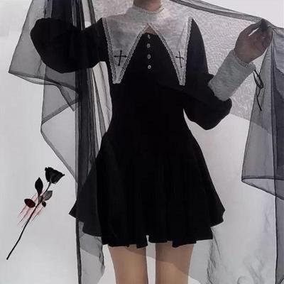 Gothic Dark Black Dress Women Harajuku Streetwear Cross Embroidery Patchwork High Waist Dress Emo Alt Mall Goth Clubwear