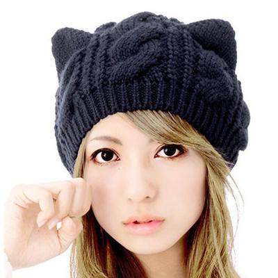 Cat Ears Women Hat Solid Knitted Winter Hats Wool Beanies Caps Crochet Trendy Bonnet Cute Women's Cap Gorros Mujer Invierno