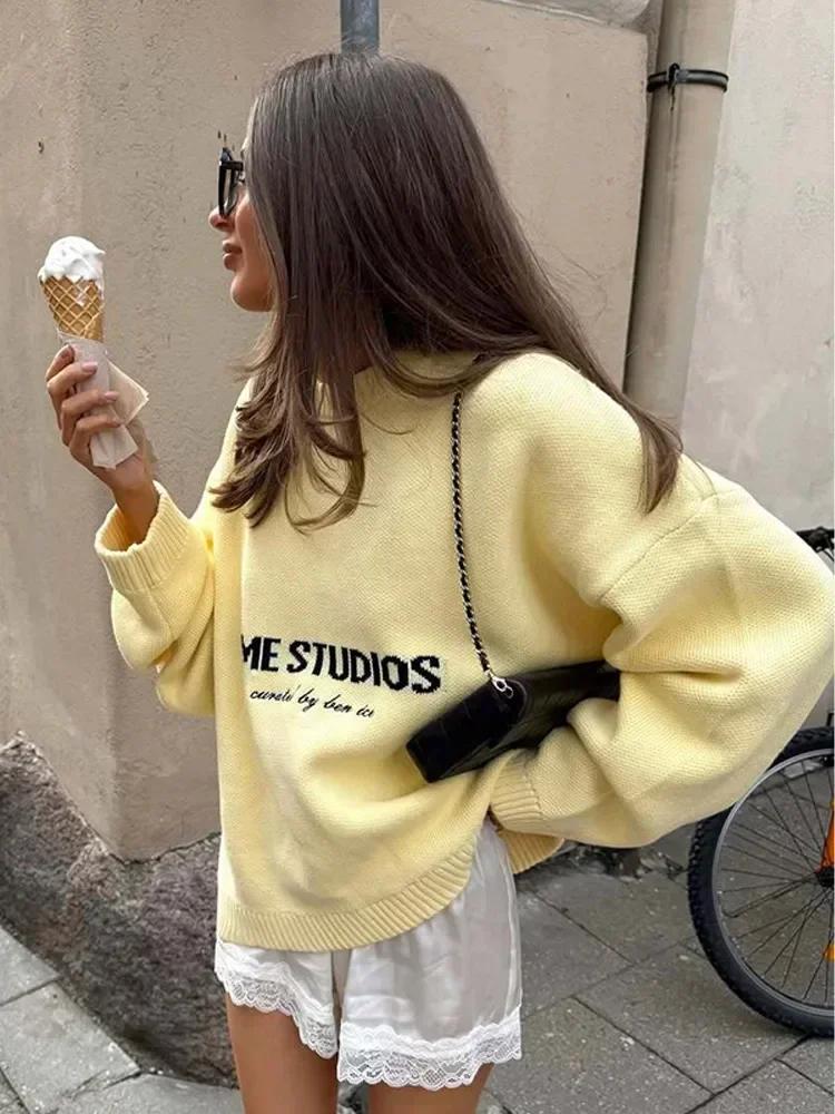 VAYLA Yellow Knitted Letter Sweater Women Elegant Round Neck Long Sleeve Short Pullover Casual Lady New Street Sweaters