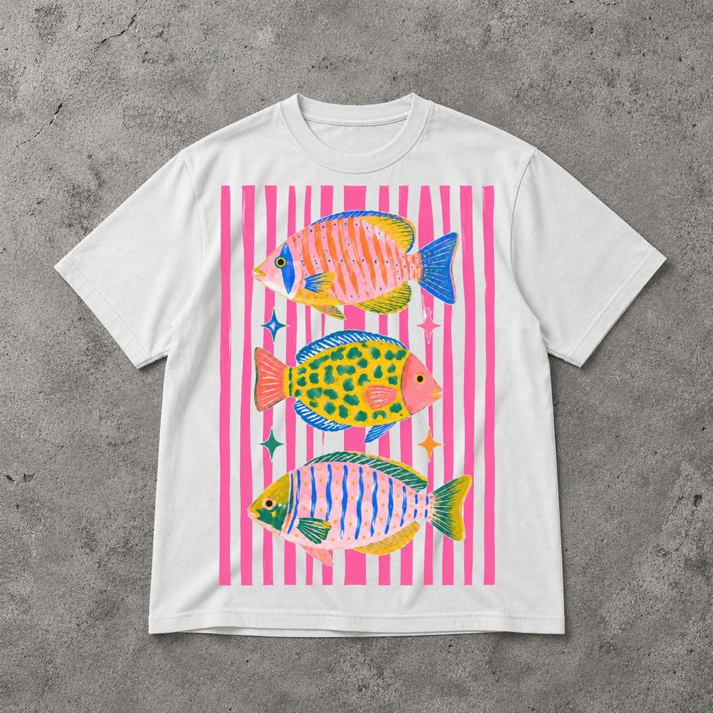 Colorful Maximalist Tropical Fish Trio Shirt, Vibrant Ocean Graphic Tee, Coastal Art Beach Shirt