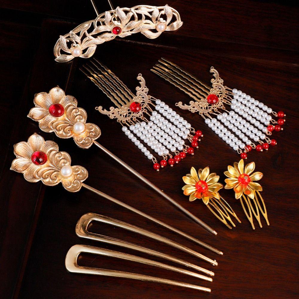1 Set Pearl Tang Dynasty Hairpin Classical Flower Hair Comb Vintage Ancient Hair Stick  Women