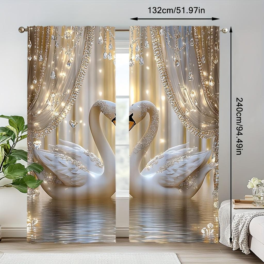 2pcs Modern Swan & Crystal Pearl Print Polyester Curtains with Rod Pocket – for Living Room   Bedroom & Office Decor