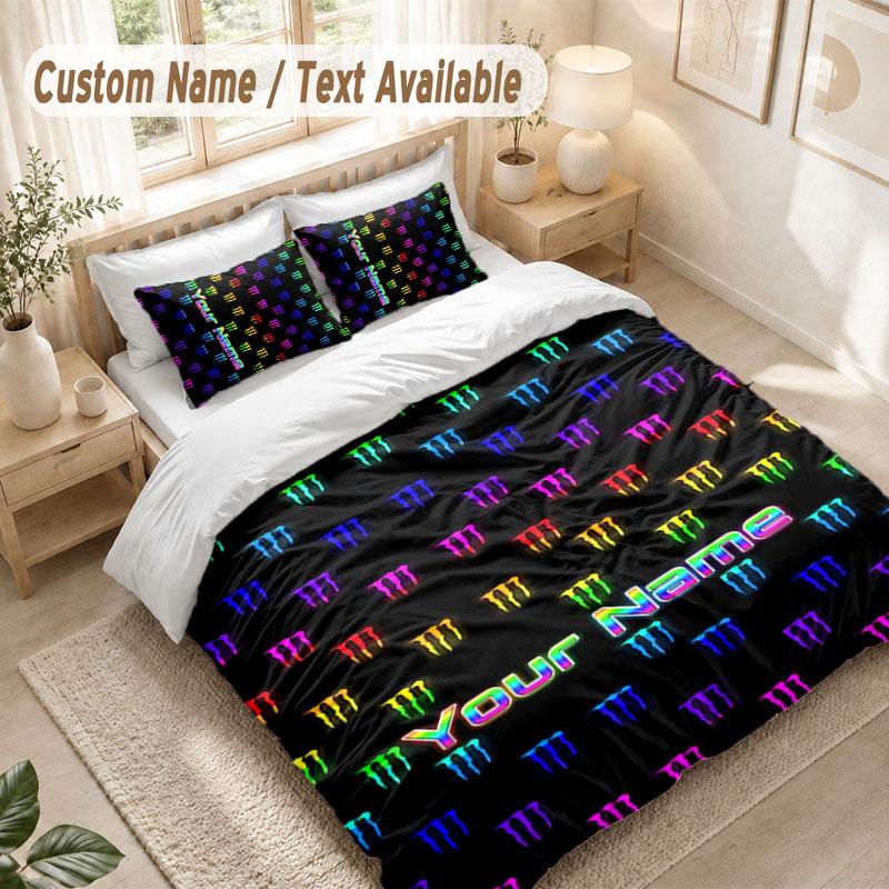 Set Biancheria da Letto Personalizzato 3 Pezzi Copripiumino Stampa Monster Energy + 2 Federe Morbido Arredo Letto