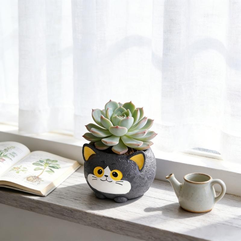 Black Cats Design Resin Flower Pot With Drainage Hole For Succulents Indoor Plant Small Planter Home Garden Decoration