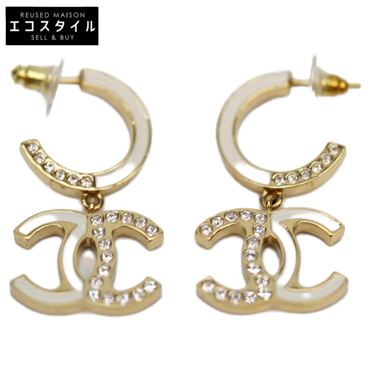 

CHANEL B24S Rhinestone Gold Plated White Half Coco Hoop Earrings earring Gold / WhiteUsed