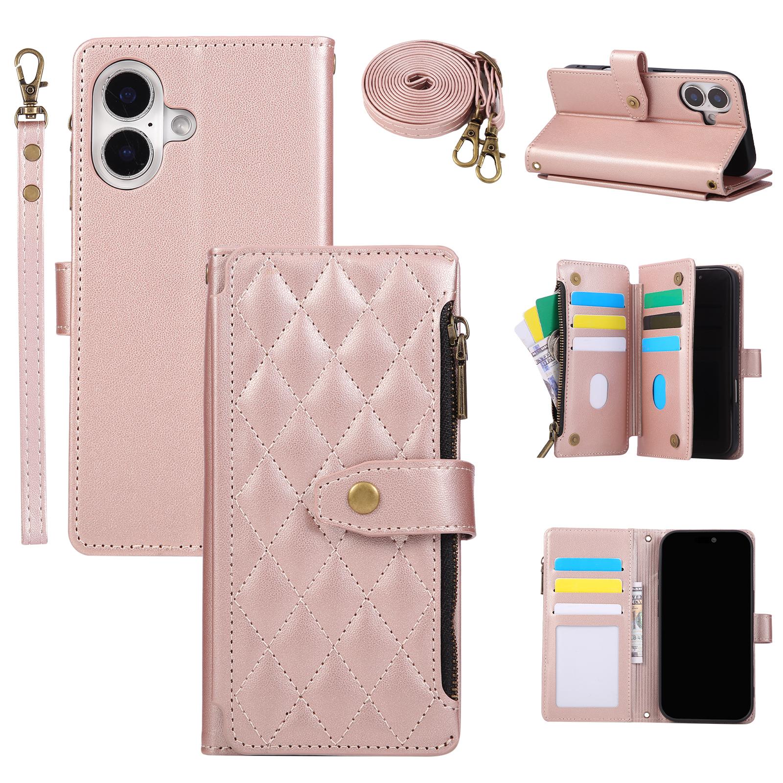 

Crossbody Zipper Cards Solt Magnetic Wallet Leather Case For iPhone 17 Pro Max 16 Plus 15 14 13 Long Lanyard Bag kickstand Cover iPhone 15 Pro Max рожевий колір золота