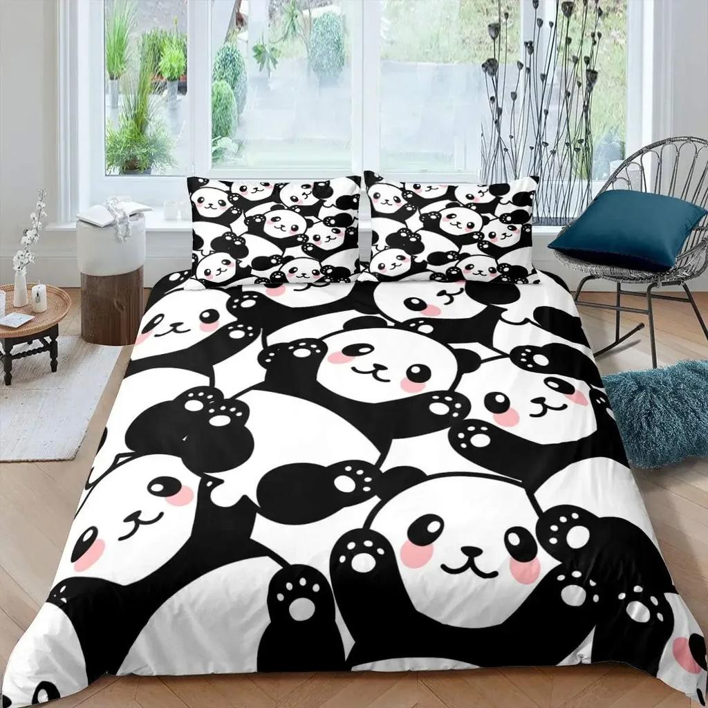 Panda Duvet Cover Cute Cartoon Animal Bedding Set Green Bamboo Print Comforter Cover Lovely Wild Animal Panda Bedspread Cover