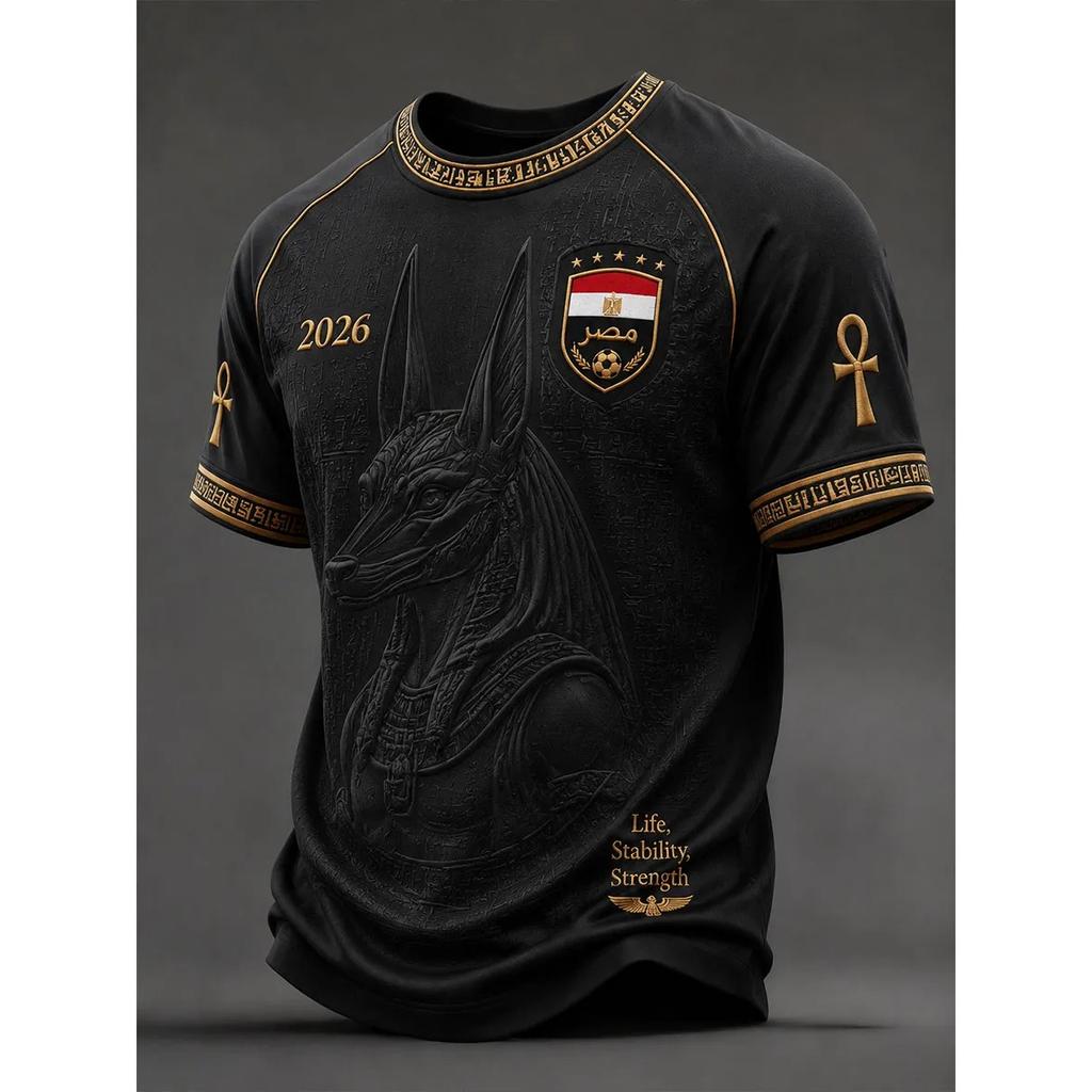 Camiseta de Fútbol Raglán para Hombre Selección Nacional de Egipto Jacquard Completo con Relieve Antiguo Egipcio Secado Rápido Transpirable Camiseta Deportiva para Aficionados