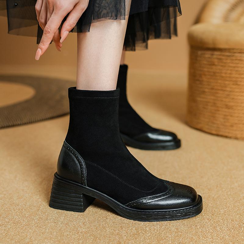 Fashion 2025 NEW Autumn Women Boots Stretch Fabric Shoes for Women Round Toe Chunky Heel Boots for Women Black Platform Boots Brown