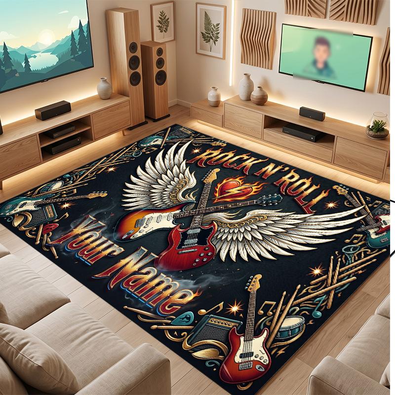 Music Theme Soft Crystal Velvet Rug Custom Name & Text Print Non Slip Floor Rug for Bedroom Living Room