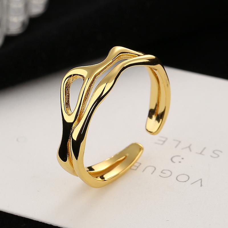 Silver Color Irregular Hollow Double Line Geometric Ring Female Simple Unique Design Fashion Adjustable