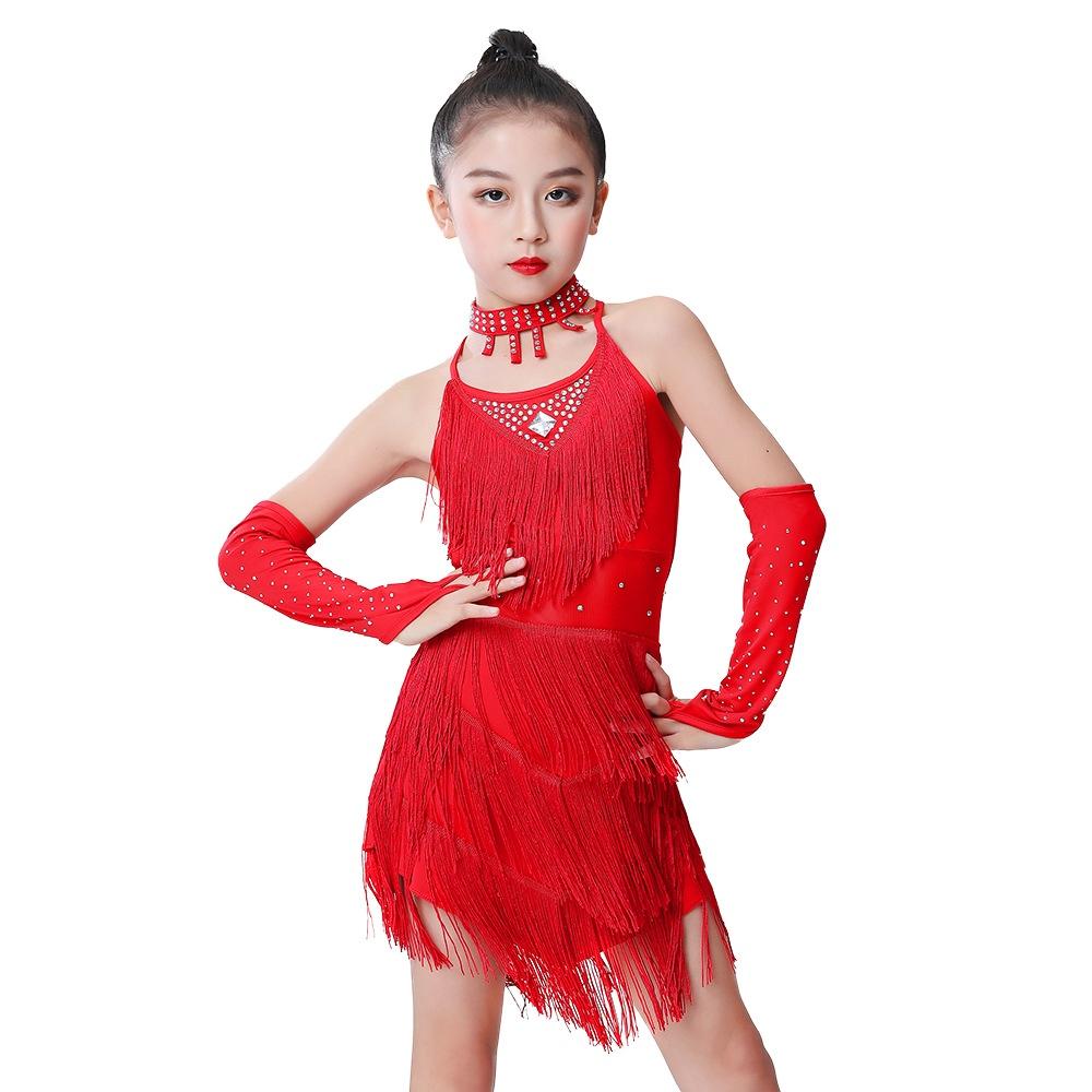 Kids Girls Latin Dance Outfit Halter Sleeveless Strappy Back Crop Top with Tassels Feather Skirt for Samba Rumba Cha-Cha Dance