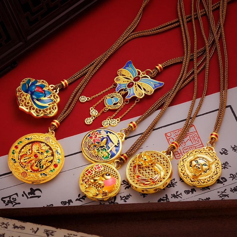 Meier Guochao high temperature enamel filigree cut out pendant sand gold ancient gold butterfly lotus compass necklace