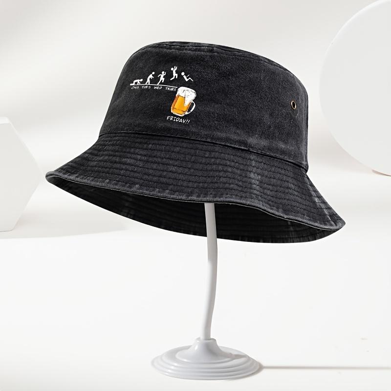 Fun Beer Cup Printed Outdoor Men's Washed and Used Fisherman Hat Basin Hat, Seasonal Universal Outdoor Travel Sun Hat