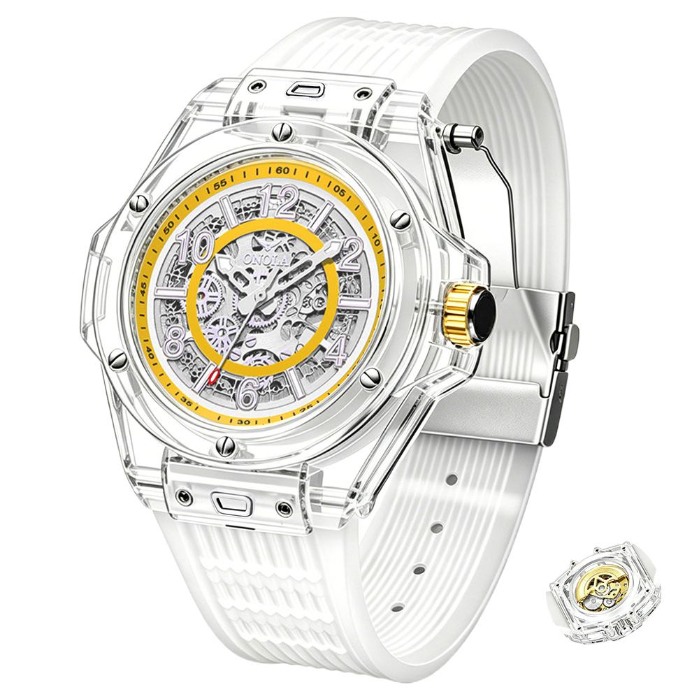 Automatische Skelettuhren Transparenter Schwarzer Gehäuse mit Silikonarmband Wasserdicht Leuchtend Mechanische Uhr