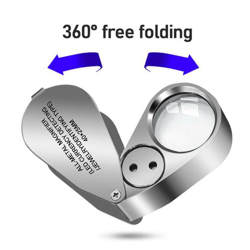40X Mini Smyckesförstoringsglas med LED UV-ljus Vikbart Förstoringsglas Bärbart Handhållet Ögonförstoringsglas 25mm Smyckesloop